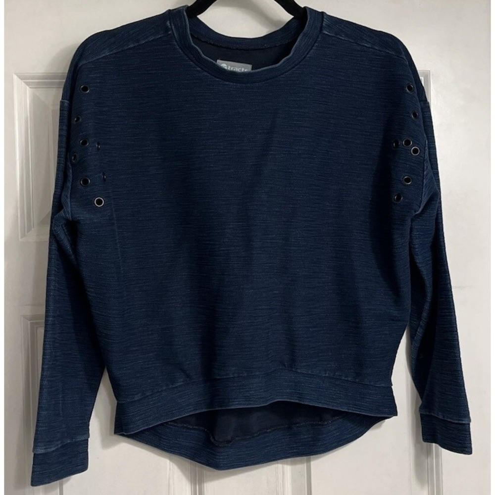 Women Dark Blue Sweatshirt Large Rivet Arms Crop Top Tractr